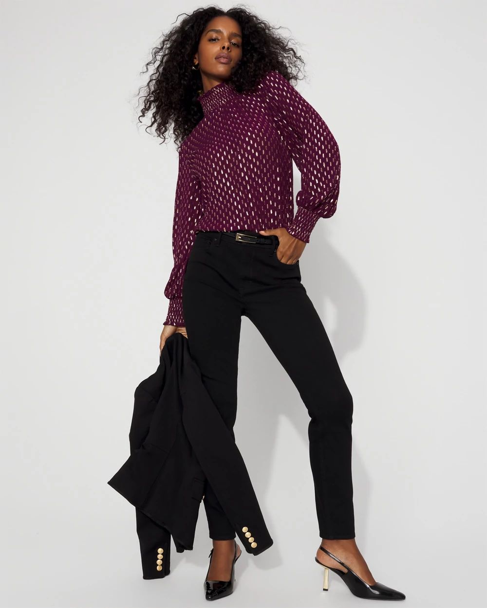 Jacquard + Gold Clip Mock Neck Blouse | White House Black Market